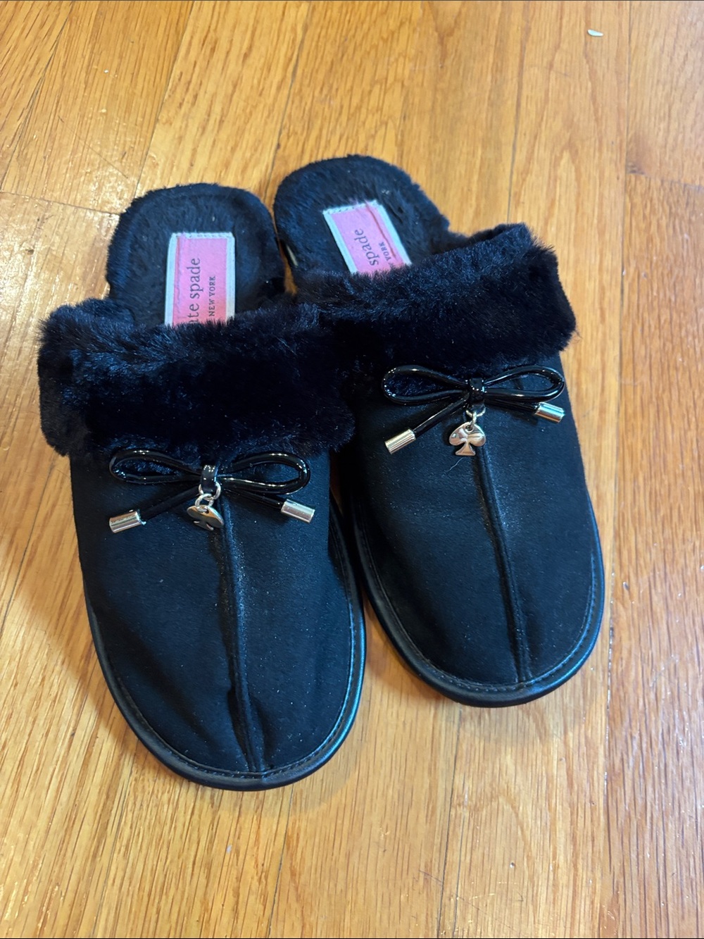kate spade Black Faux-Fur Trim Bow Slip-On Slipper Mules 5/6